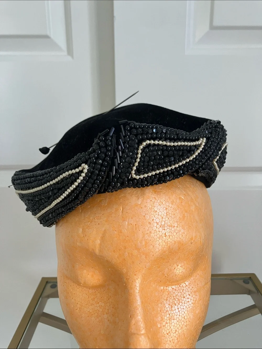 VTG Black Beaded Velvet Hat with Pearl Trim